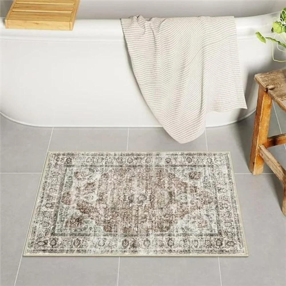 Boho farmhouse bathroom rug khaki bath mat non slip washable vintage oriental 18